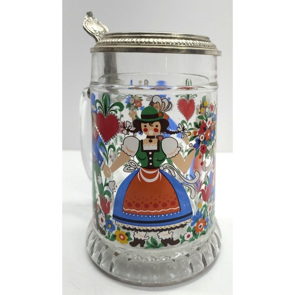 West Germany Beer Stein Glass w Pewter Lid‎ German Folk Dancing Couple Hearts - Picture 3 of 11